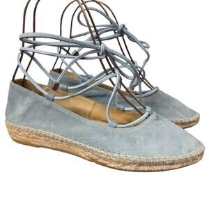 Romena Handmade Blue Suede Leather Espadrille Ankle Lace Up Flats Shoes sz 8